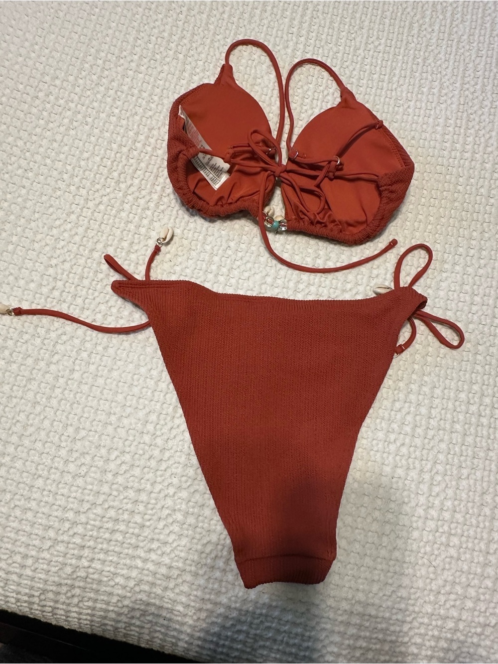 Rust Red Triangle Top Bikini w/  Halter Tie Neck and Tie sides on Bottom w beads